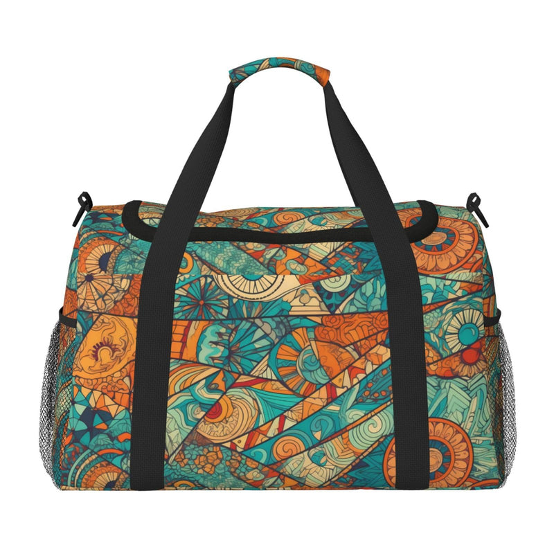 Hippie Patchwork Big Capacity Sports Gym Bag Portable Travel Duffle Bag, Vintage Elements Lightweight Weekender Workout Bag for Overnight, Unisex