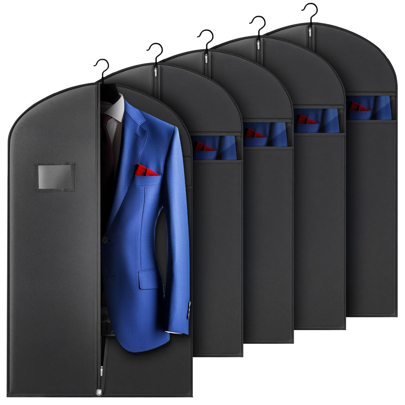 Hleelomi 5 Pack 40 - inch Suit Bag Garment Bag for Travel and Storage, Garment Bags for Hanging Clothes with Zipper and Visible Transparent Window, Black