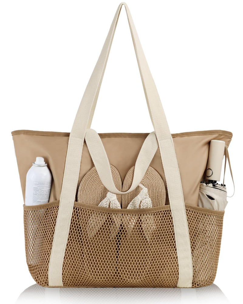 HOMESPON Beach Bag Large Waterproof Sandproof Foldable Tote Bag for Women with Zipper Mesh Pockets for Pool Cruise Travel Everyday (Khaki)