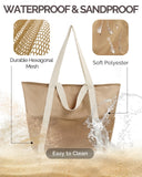 HOMESPON Beach Bag Large Waterproof Sandproof Foldable Tote Bag for Women with Zipper Mesh Pockets for Pool Cruise Travel Everyday (Khaki)