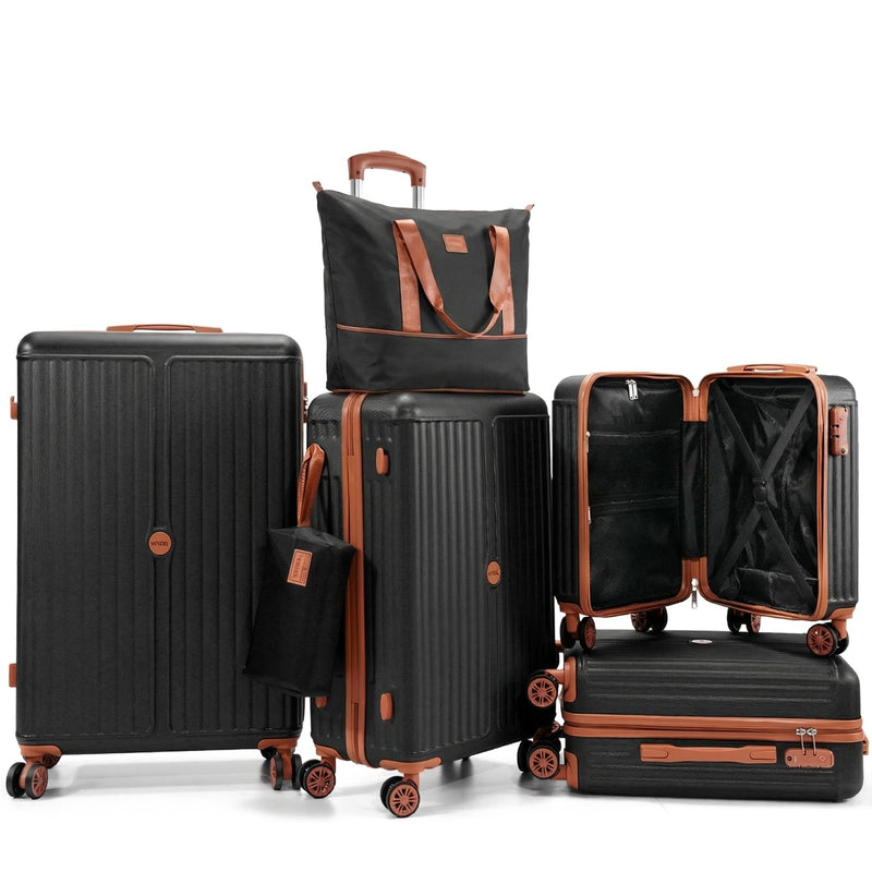 Hoteel Luggage 6 - piece Set, 360° Universal Suitcases with Wheels Hard Shell Suitcase with TSA Lock, Including Waterproof Luggage Bag, Travel Maletas for Men and Women,Black(16/20/24/28Inch)