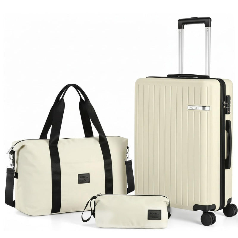 Hoteel Luggage Sets 3 Piece Carry on Luggage with Spinner TSA Lock for Unisex (4 - YEAR WARRANTY), ABS+PC Hard Shell Rolling Carry - on Suit Case for Plane, Travel, Business, Off - White (20in/DB/TB)