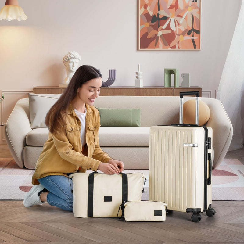 Hoteel Luggage Sets 3 Piece Carry on Luggage with Spinner TSA Lock for Unisex (4 - YEAR WARRANTY), ABS+PC Hard Shell Rolling Carry - on Suit Case for Plane, Travel, Business, Off - White (20in/DB/TB)