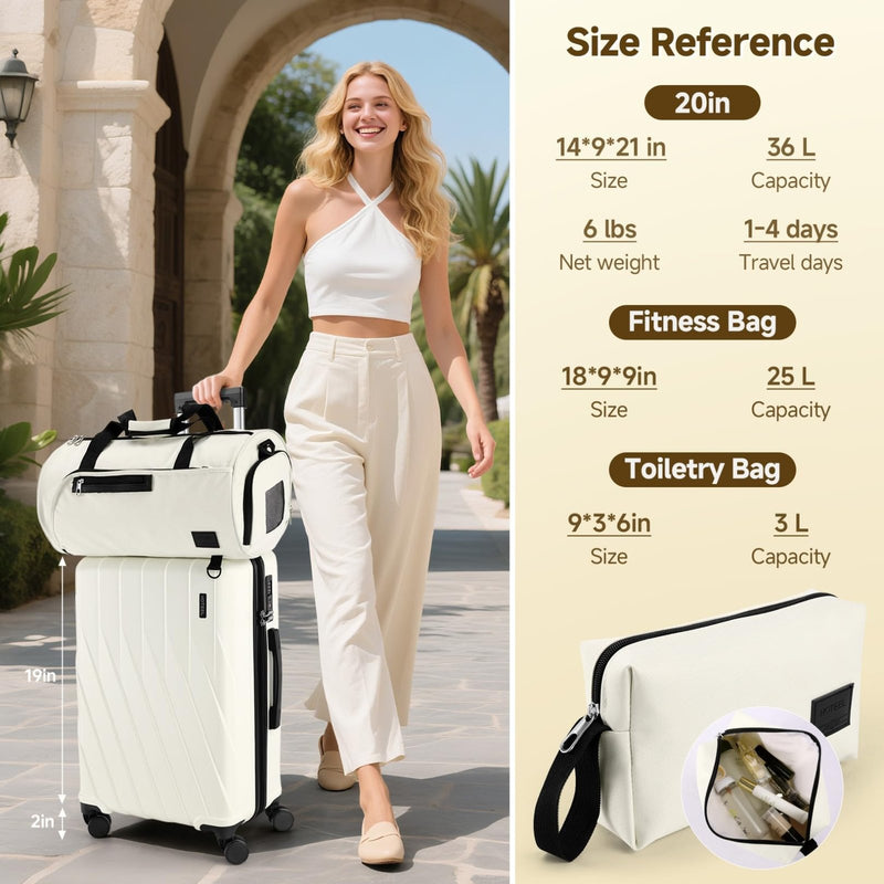 Hoteel Luggage Sets 3 Piece PC Hardside, 4 - Year Warranty, Luggage Set with Spinner Wheels, TSA Lock, YKK Zipper, Lightweight Carry on Luggage, 20" Suitcase with Fitness Duffel & Organizer, Beige