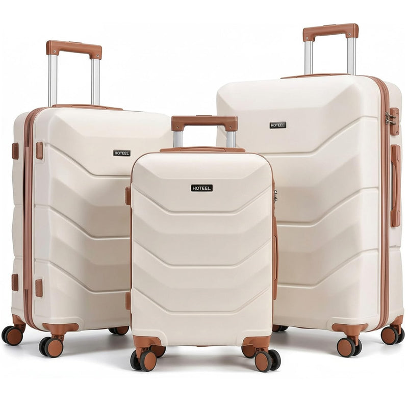 Hoteel Luggage Sets 3 Piece with Spinner Wheels TSA Lock (4 - YEAR WARRANTY), Durable Carry On Suitcase Luggages, Wet - Dry Separation Compartment, ABS Hardshell for Travel, School, Beige(20/24/28in)