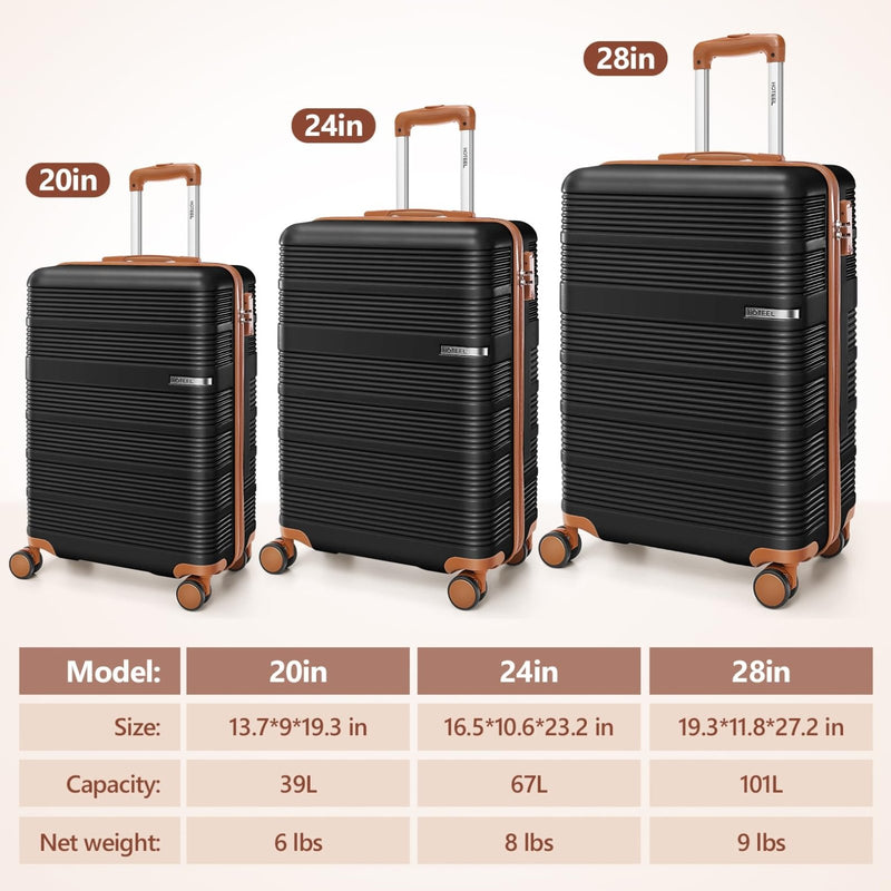 Hoteel Luggage Sets 3 Piece with Spinner Wheels TSA Lock (4 - YEAR WARRANTY), Durable Suitcase Lightweight Travel Hardshell PC+ABS Large Carry on Luggage for Men&Women, Gloss Black (20/24/28in)