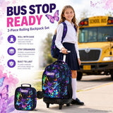HPJGD 3PCS Rolling Backpack for Girls, Womens Butterfly School Backpacks with Wheels, Water Resistant Roller Kids Wheeled Bookbag Set with Lunch Box