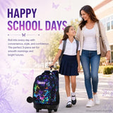 HPJGD 3PCS Rolling Backpack for Girls, Womens Butterfly School Backpacks with Wheels, Water Resistant Roller Kids Wheeled Bookbag Set with Lunch Box