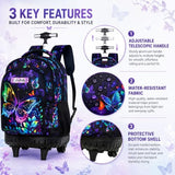 HPJGD 3PCS Rolling Backpack for Girls, Womens Butterfly School Backpacks with Wheels, Water Resistant Roller Kids Wheeled Bookbag Set with Lunch Box