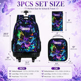 HPJGD 3PCS Rolling Backpack for Girls, Womens Butterfly School Backpacks with Wheels, Water Resistant Roller Kids Wheeled Bookbag Set with Lunch Box