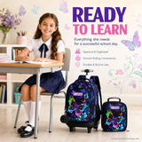 HPJGD 3PCS Rolling Backpack for Girls, Womens Butterfly School Backpacks with Wheels, Water Resistant Roller Kids Wheeled Bookbag Set with Lunch Box