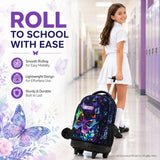 HPJGD 3PCS Rolling Backpack for Girls, Womens Butterfly School Backpacks with Wheels, Water Resistant Roller Kids Wheeled Bookbag Set with Lunch Box