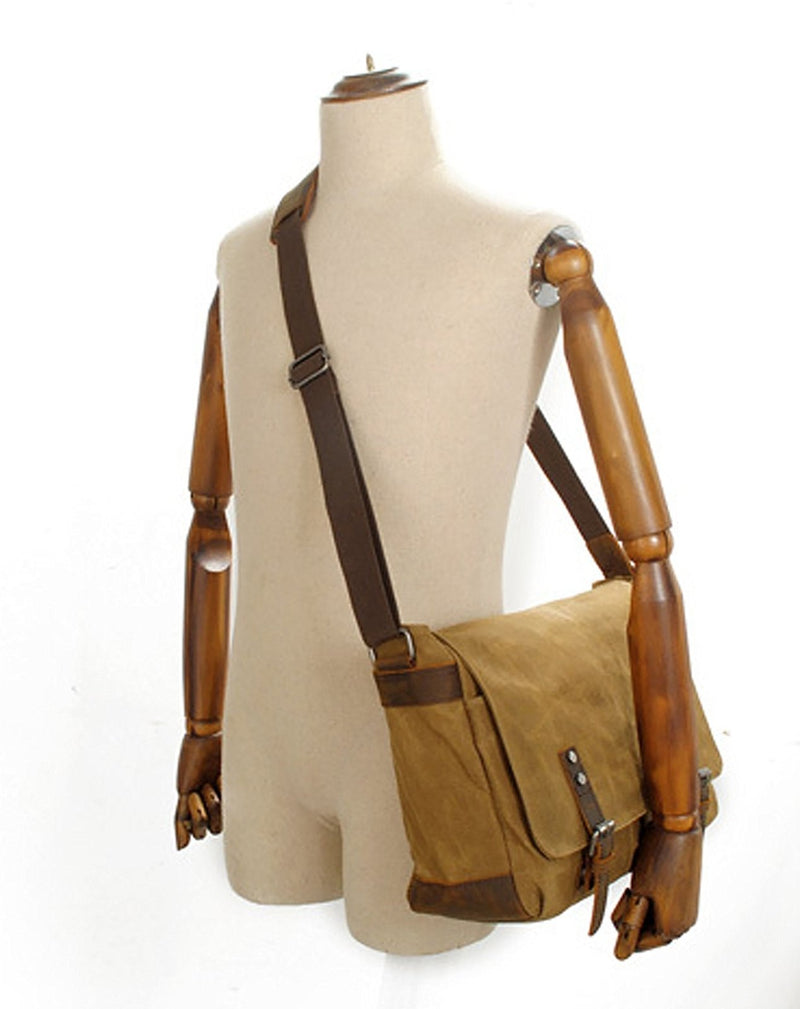 HuaChen Mens Messenger Bag, Vintage Genuine Leather Waxed Canvas Shoulder Bag for 14" Laptop,Rugged Briefcase Satchel Computer Case - M49 Army Green