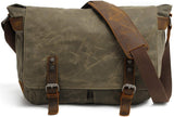 HuaChen Mens Messenger Bag, Vintage Genuine Leather Waxed Canvas Shoulder Bag for 14