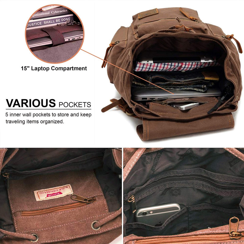 HuaChen Vintage Canvas Travel Backpack with Leather Trim, Laptop Padded Sleeve, Hidden Back Security Pocket, Fits 14 - Inch, M32 Coffee