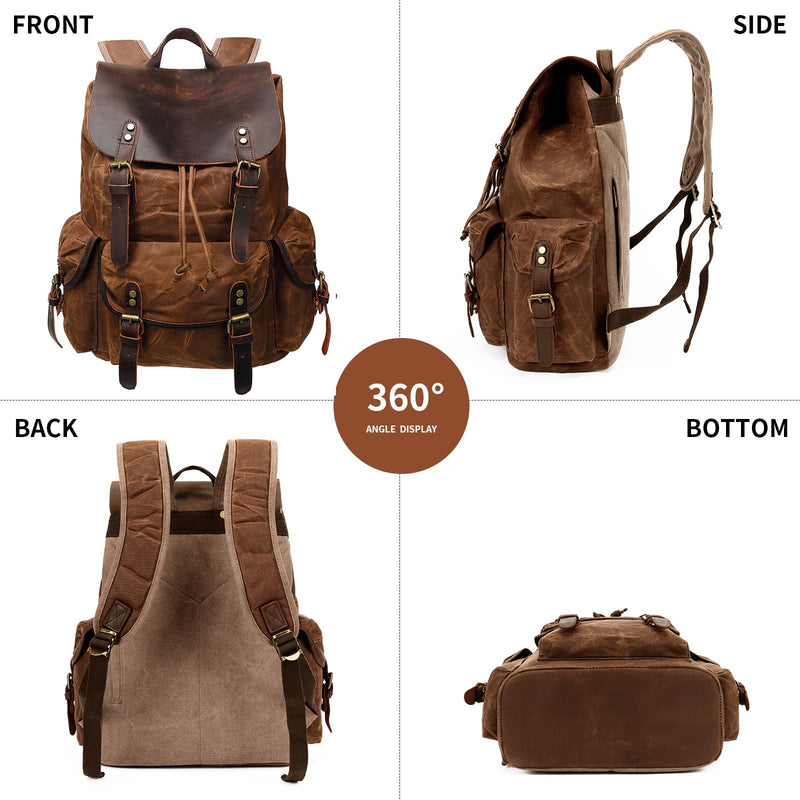 HuaChen Vintage Waxed Canvas Backpack with Genuine Leather Flap, Travel & Work Rucksack, Water - Resistant Daypack with Anti - Theft Pocket, OVERSIZE - M80 Brown XL