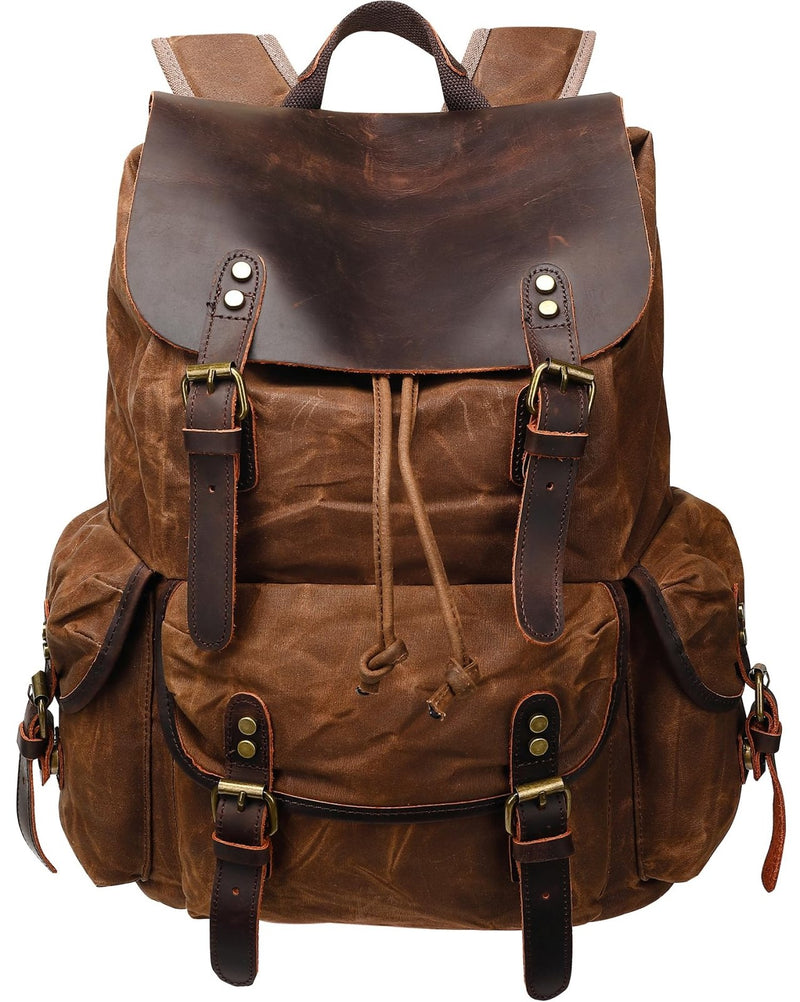 HuaChen Vintage Waxed Canvas Backpack with Genuine Leather Flap, Travel & Work Rucksack, Water - Resistant Daypack with Anti - Theft Pocket, OVERSIZE - M80 Brown XL