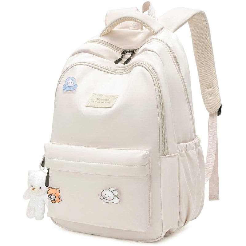 HuiLeo School Backpack for Teen Girls Cute Bookbag for High Middle School College Aesthetic Laptop Back Pack,Beige