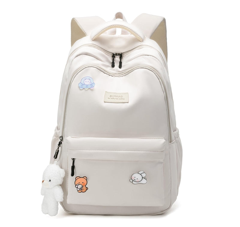 HuiLeo School Backpack for Teen Girls Cute Bookbag for High Middle School College Aesthetic Laptop Back Pack,Beige