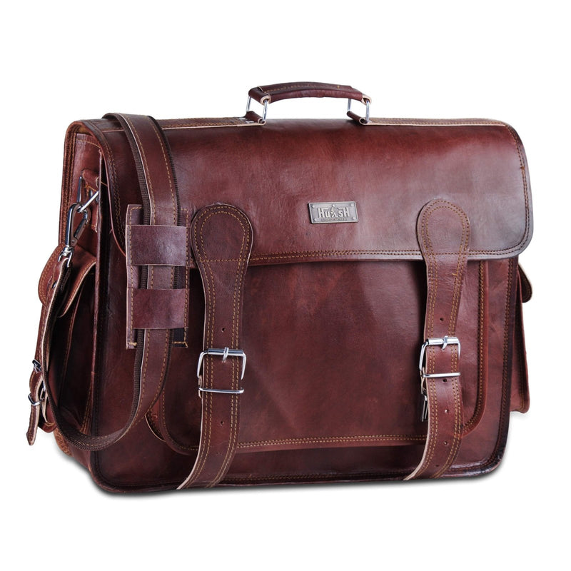 HULSH Brown Leather Messenger Bag For Men 18 Inch Big Women Shoulder Cross Body Brown Laptop Computer Briefcase Bag - Best Vintage Look