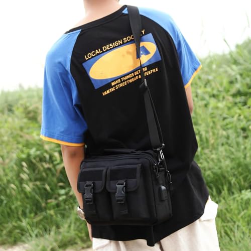 HUNTVP Multifunction Tactical Messenger Bag Nylon Shoulder Briefcase Handbags with USB Port,Black (Black)