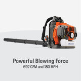 Husqvarna 350BT Gas Leaf Blower, 50.2 - cc 2.1 - HP 2 - Cycle Backpack Leaf Blower with 692 - CFM, 180 - MPH, 21 - N Powerful Clearing Performance and Ergonomic Harness System, Gifts for dad