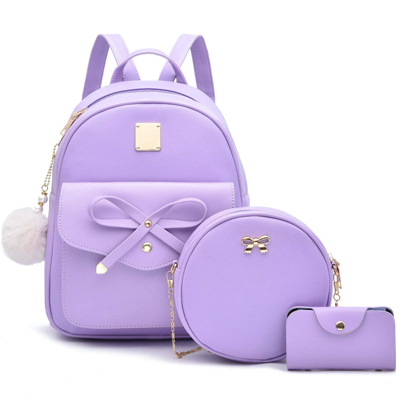 I IHAYNER Girls Bowknot 3 - Pieces Fahsion Leather Backpack Backpack Purse for Women Rucksack for Ladies Shoulder Bag Purple