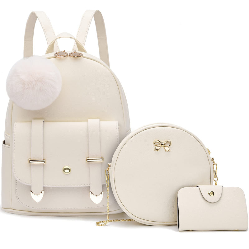 I IHAYNER Mini Leather Backpack Purse for Teen Girls 3 - Pieces Fashion Backpack Cute Travel Daypacks Women Pompom Backpack Shoulder Bag Off - White
