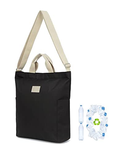 I WAS PLASTIC Recycled Polyester Tote Bag with Zipper and Pockets, Water Repellent, Crossbody Bag. (BLACK)