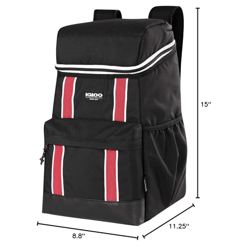 Igloo 30 Can Large Portable Insulated Soft Cooler Backpack Carry Bag, Black/Red