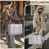 IGOLUMON Laptop Bag for Women 15.6 Inch Vegan Leather Work Tote Bag Quilted Womens Briefcase Designer Laptop Bags for Office Teacher College Cute Computer Bag with Purse Professional Grey Purple