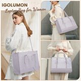 IGOLUMON Laptop Bag for Women 15.6 Inch Vegan Leather Work Tote Bag Quilted Womens Briefcase Designer Laptop Bags for Office Teacher College Cute Computer Bag with Purse Professional Grey Purple