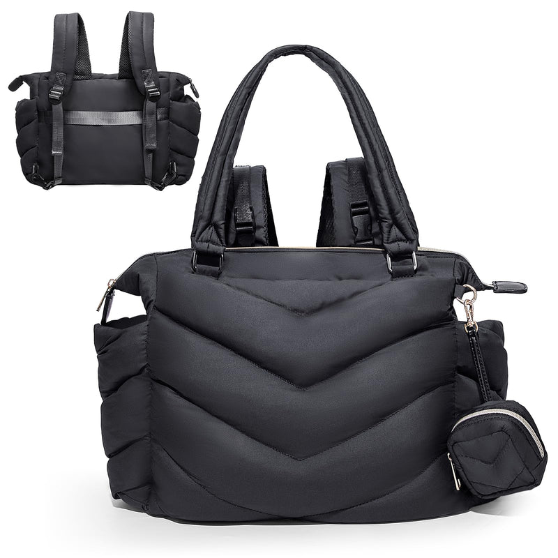 ILCOLPO Diaper Bag Tote, Diaper Bag Backpack,Puffer Tote Bag with Pacifier Case, Lightweight Mommy for Hospital, Puffy with 10 Pockets, Convertible Baby for Travel, Black