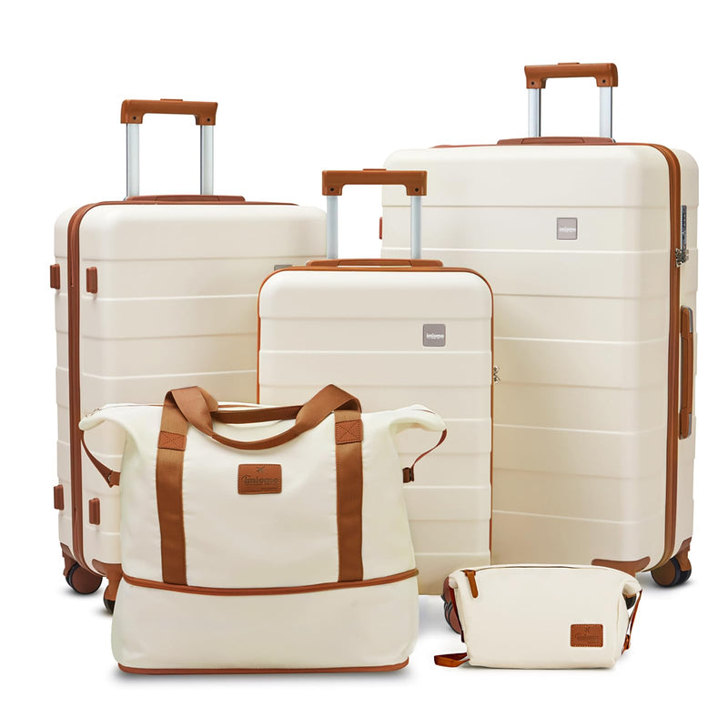 imiomo Hard Shell Luggage Sets 5 Piece for Women, Lightweight Hardside Rolling Suitcase Set with Spinner Wheels and TSA Lock, Beige