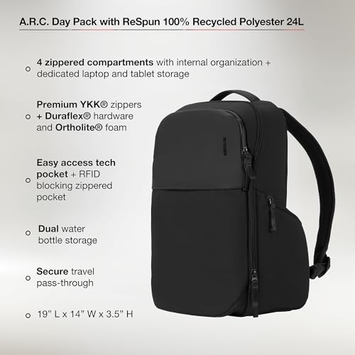 Incase A.R.C. Daypack 24L – Travel Backpack and Laptop Bag for School - Fits up to 16 inch Laptop - 4 Zippered Compartments, 2 Water Bottle Pockets - Commuter and College Backpack - Black