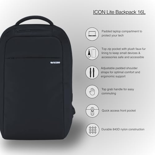 Incase ICON Lite Backpack - 16L Tech Backpack with Faux Fur 16" Laptop Compartment, Quick Access Pocket - Lightweight, Organized, 3 Zippered Pockets - Navy