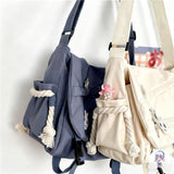 Inshere Aesthetic Crossbody Bag with Cute Pins and Ornament, Casual Shoulder Messenger Bag Japanese Kawaii Bag for Women Men (White)