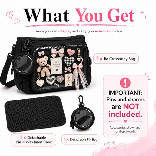 Inshere Ita Crossbody Bag, Nylon Messenger Bag with Clear Display Window and Detachable Pin Display Bag, Kawaii Shoulder Purse with Multiple Pockets, Black