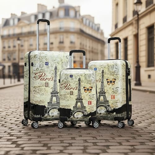 InUSA Paris Print Luggage with Spinner Wheels | Durable Lightweight Hardside Suitcase | Travel Bag with Handle and Trolley | (20in, 24in, 28in) 3 Piece Set