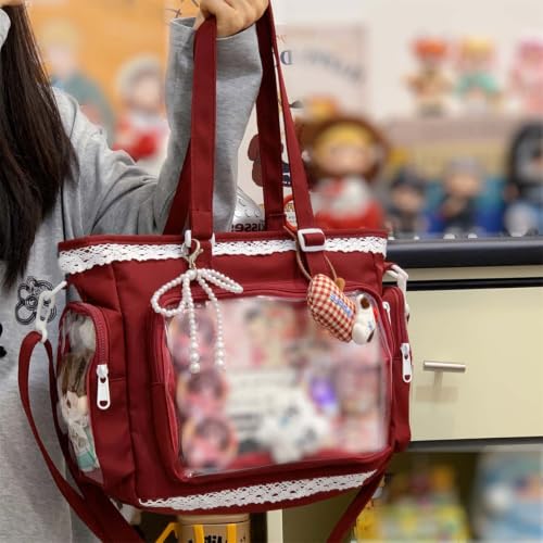 Ita Bag for Women, Cute Anime Pin Display Tote with Clear PVC Window, Kawaii Shoulder Bag with Lace Trim, Multi-Pocket Crossbody Purse for Cosplay, Convention, Travel, School, Wine Red