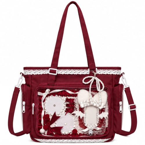 Ita Bag for Women, Cute Anime Pin Display Tote with Clear PVC Window, Kawaii Shoulder Bag with Lace Trim, Multi-Pocket Crossbody Purse | Backpacks4Less