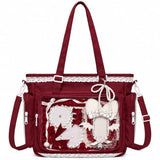 Ita Bag for Women, Cute Anime Pin Display Tote with Clear PVC Window, Kawaii Shoulder Bag with Lace Trim, Multi-Pocket Crossbody Purse for Cosplay, Convention, Travel, School, Wine Red