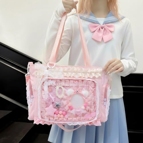 Ita Bag with DIY Accessory Kit - Clear Window Y2K Kawaii Lace Crossbody Bag with Display Insert for Pins & Button Badges, Perfect for Anime & Con Fans (Pink)
