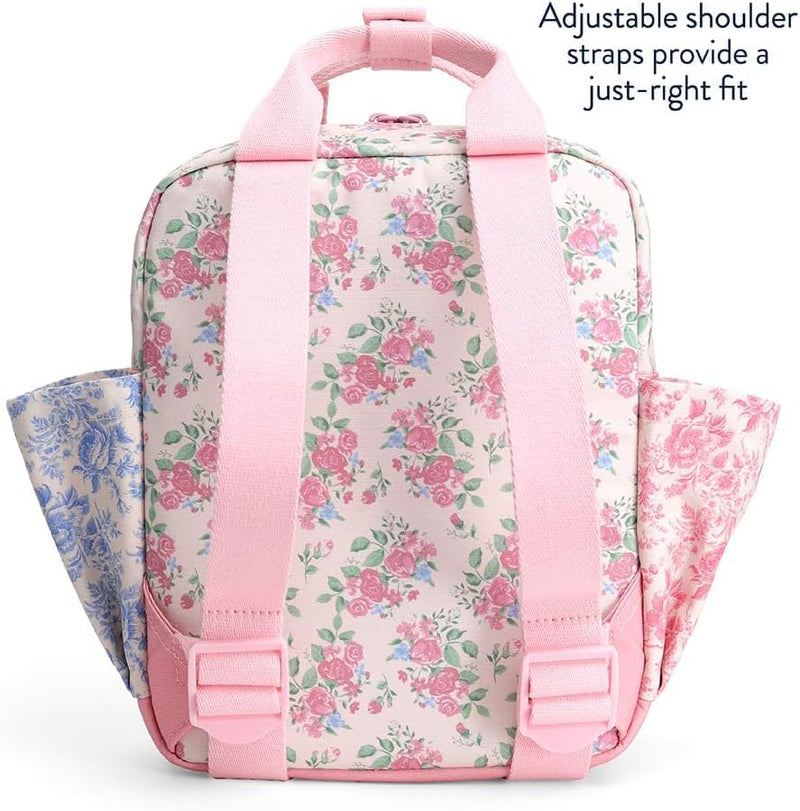 Itzy Ritzy Toddler Backpack - Daycare Bag - Features Adjustable Shoulder Straps, 2 Side Pockets & Spacious Interior with Wipeable Fabric Lining & Name Label, Ribbons & Roses Backpack
