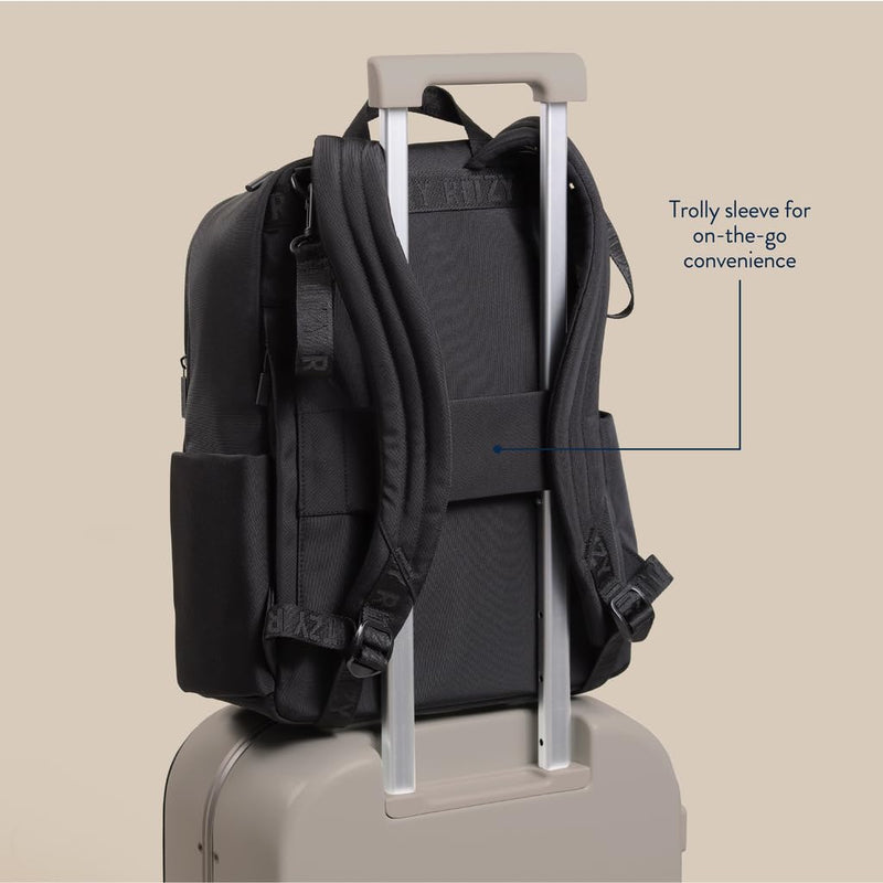 Itzy Ritzy Utility Diaper Bag Backpack – Features 17 Pockets (Including 2 Insulated Bottle Holders) & Trolley Sleeve and Includes Stroller Straps & Changing Pad – Part of the Belong Collection (Black)