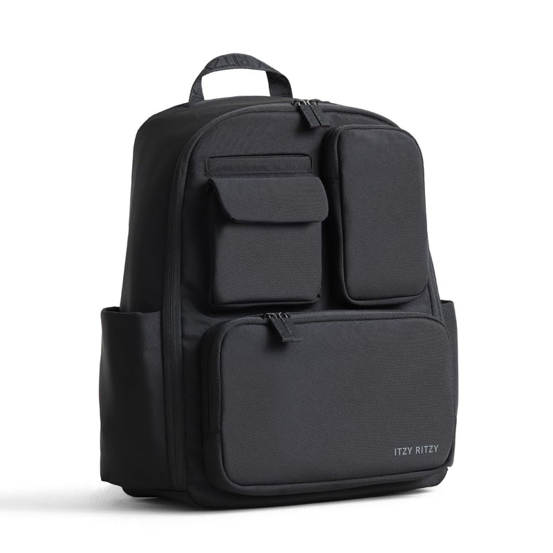 Itzy Ritzy Utility Diaper Bag Backpack – Features 17 Pockets (Including 2 Insulated Bottle Holders) & Trolley Sleeve and Includes Stroller Straps & Changing Pad – Part of the Belong Collection (Black)