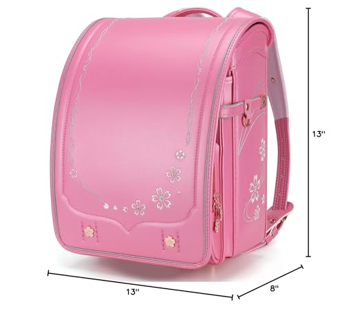 IwaiLoft Ransel Randoseru Backpack Automatic Satchel Japanese School Bag Cherry Blossom Sakura Embroidery PU Bookbag for Girls (Pink)