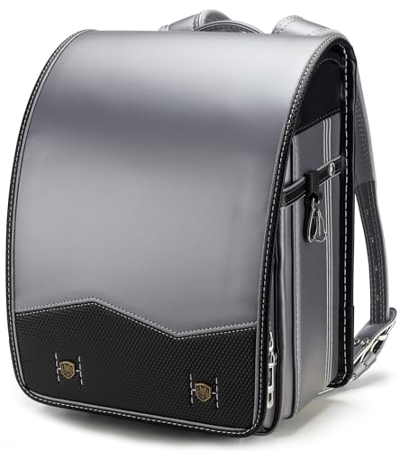 IwaiLoft Ransel Randoseru Backpack with Automatic Satchel for Boys, Japanese School Bag Embroidery PU Bookbag for Men Male (Silver&Black)