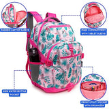 J World New York Atom Laptop Backpack – Ergonomic Backpack for School with Air Mesh Padded Shoulder Straps – 600D Polyester Work Backpack for Men and Women – Stylish Design (PALM LEAVES)