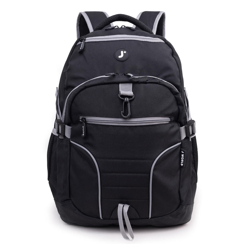J World New York Atom Laptop Backpack – Ergonomic Backpack for School with Air Mesh Padded Shoulder Straps – 600D Polyester Work Backpack for Men and Women – Stylish Design (BLACK)